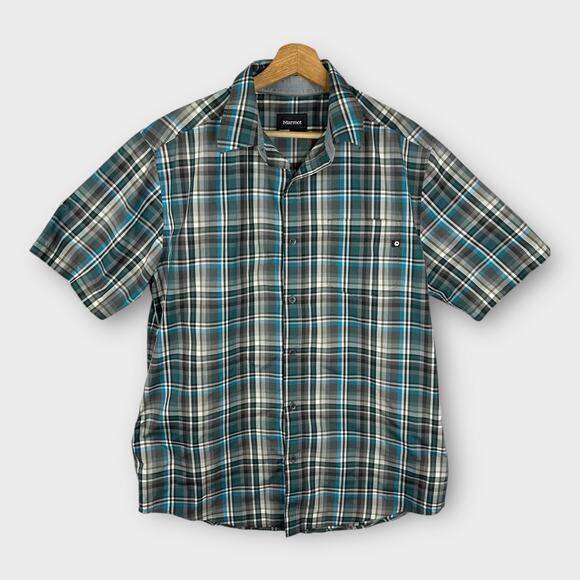 Marmot Mens size Large Dobson Plaid Short Sleeve Button Down Shirt Blue Gray - Picture 1 of 11
